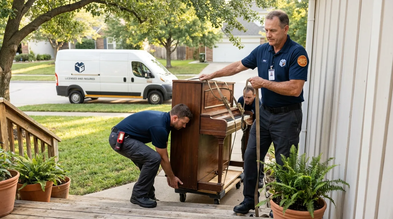 Licensed piano movers securing grand piano in San Francisco, CA