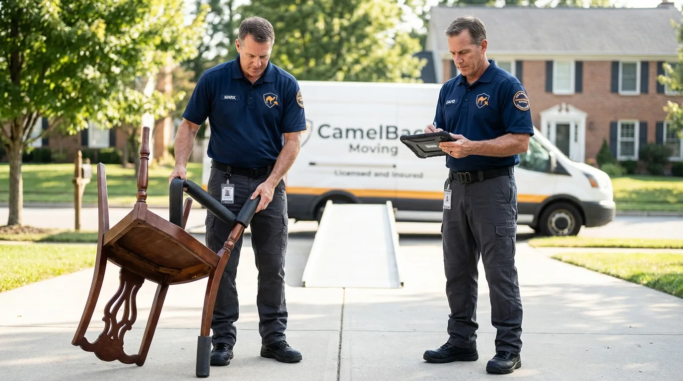 Movers inspecting furniture for damage prevention before loading in San Francisco, CA