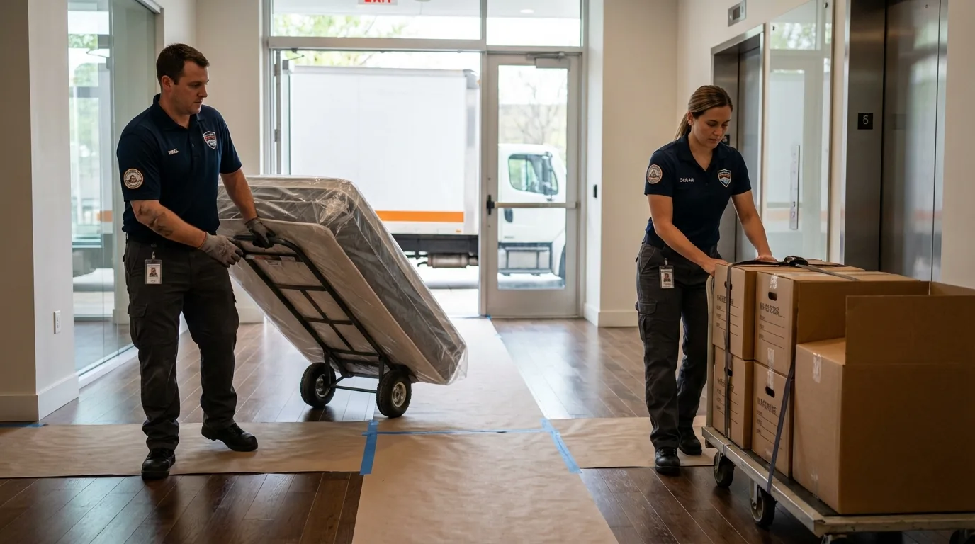 Professional apartment movers loading elevator in San Francisco, CA
