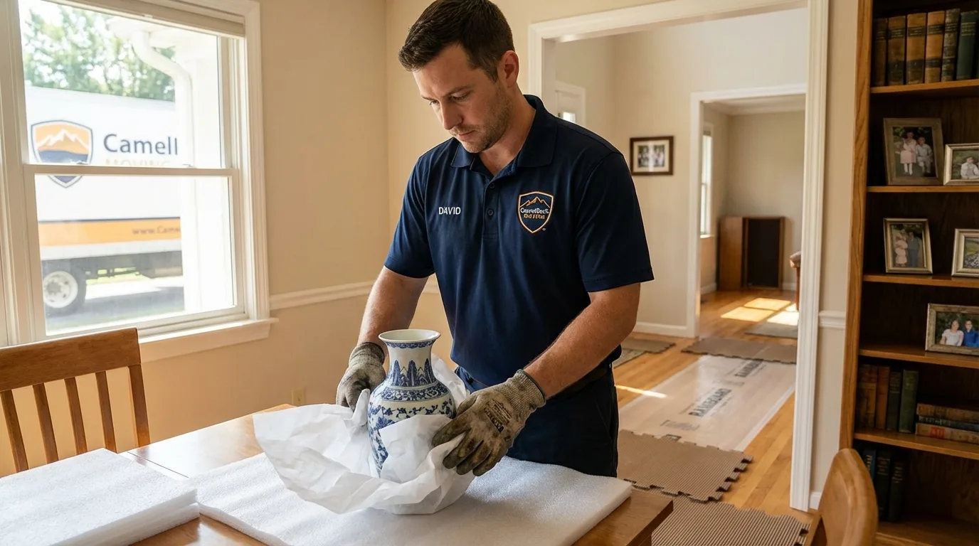 Professional crew carefully wrapping antique vase for senior downsizing move in San Francisco, CA